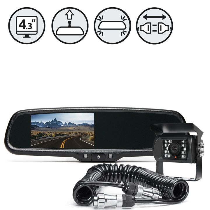 Backup Camera System with Replacement Mirror Monitor and Quick Connect/Disconnect Kit (213-613)